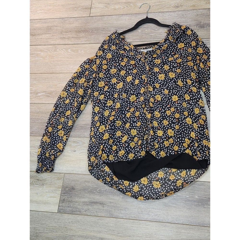 Daniel Rainn Black Hi Low Blouse with Yellow Floral Print Size Large Boho